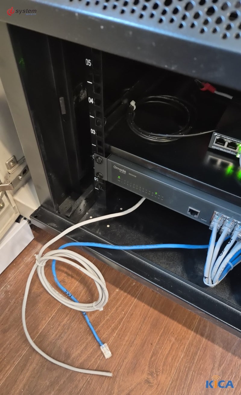 랙 내부에 거치된 스위치와 파란색·회색 Cat6 케이블이 포트에 결선된 모습
